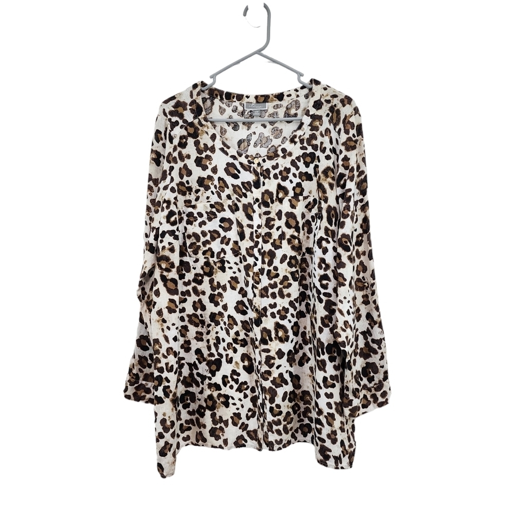 JM Collection Women's 100% Linen Animal Print Button Front Top - 16W
